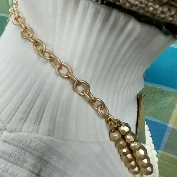 2678 Plunder Gold &Cream Beaded 3 Strand Necklace and Gold Color LeatherEarrings - Picture 8 of 8